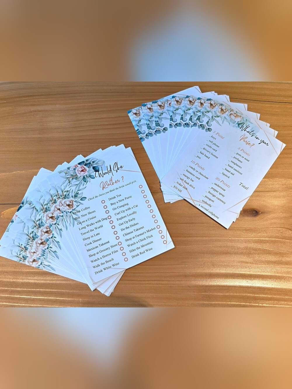 Set Of 2 - Floral Bridal Shower Game Cards - Rose & Sage